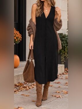 Daily Practice Black Ribbed Button Down Sleeveless Midi Dress - Size S